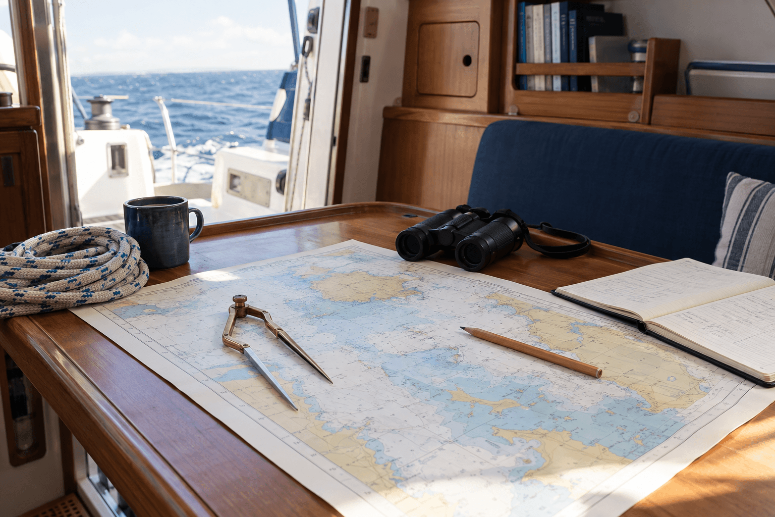 Nautical chart, dividers and logbook on a cruising yacht chart table